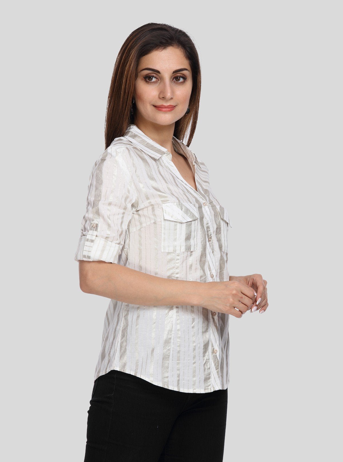 Women’s White & Gold Vertical Stripe Long Sleeve Shirt – Boer and Fitch - Boer and Fitch