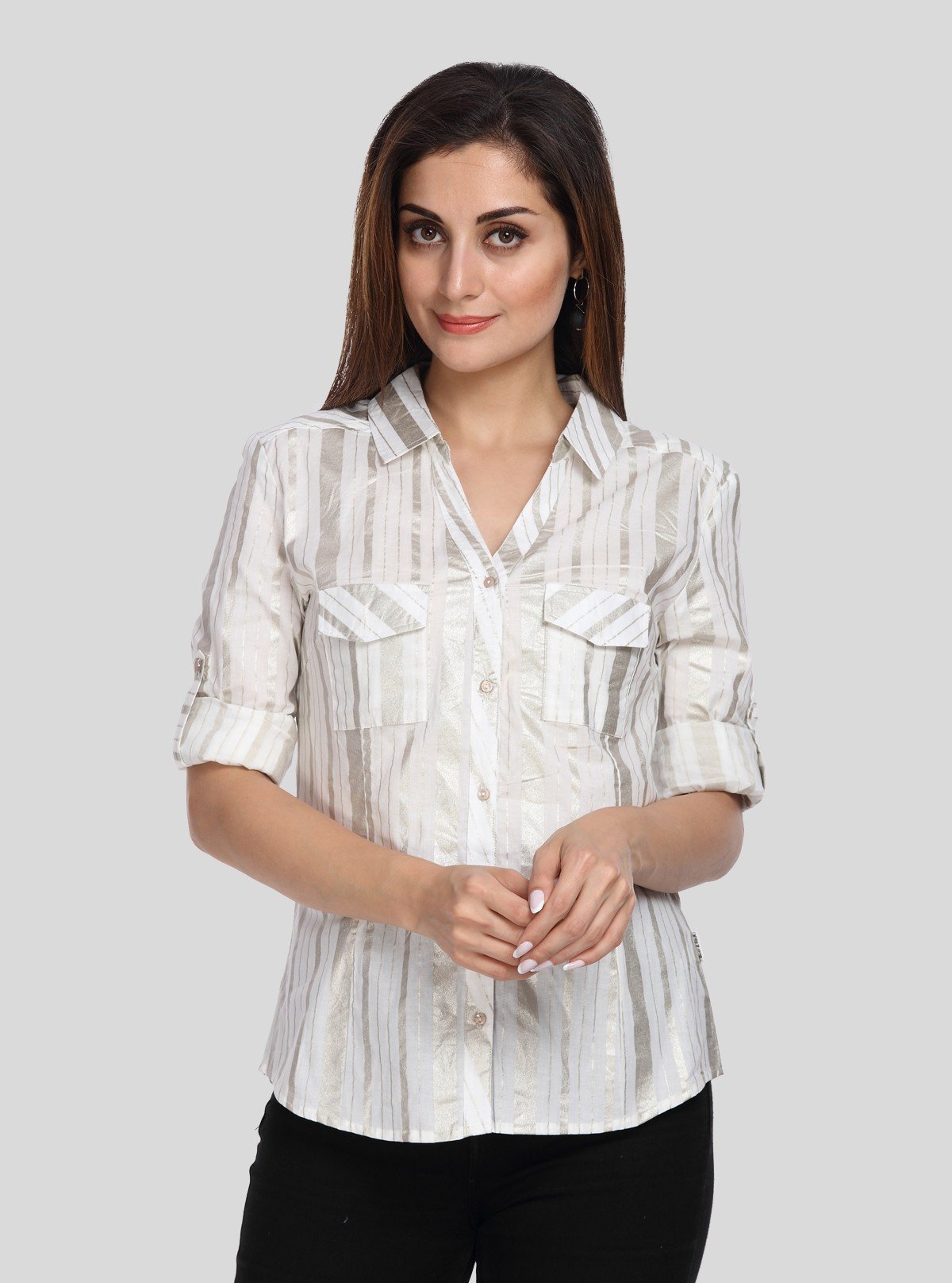 Women’s White & Gold Vertical Stripe Long Sleeve Shirt – Boer and Fitch - Boer and Fitch