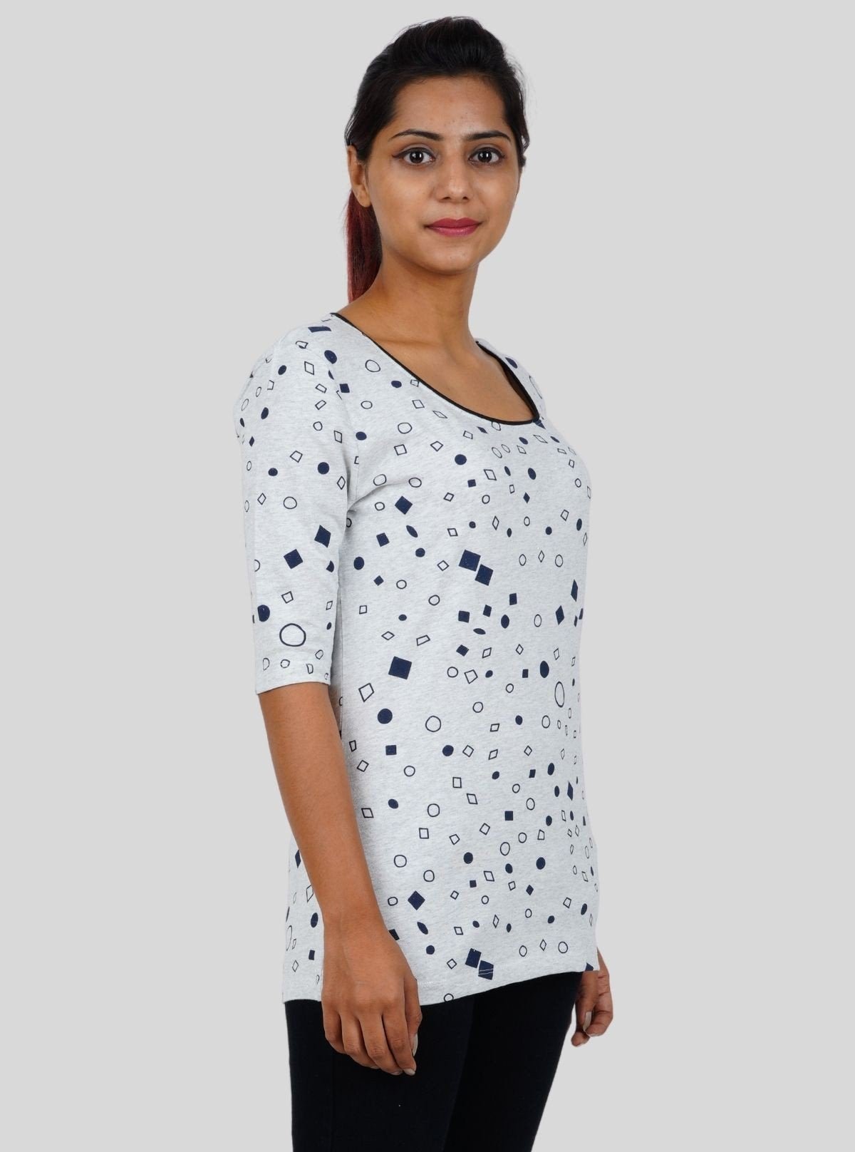 Women's White Graphic Print Long Sleeve Cotton Top with Neck Binding - Boer and Fitch