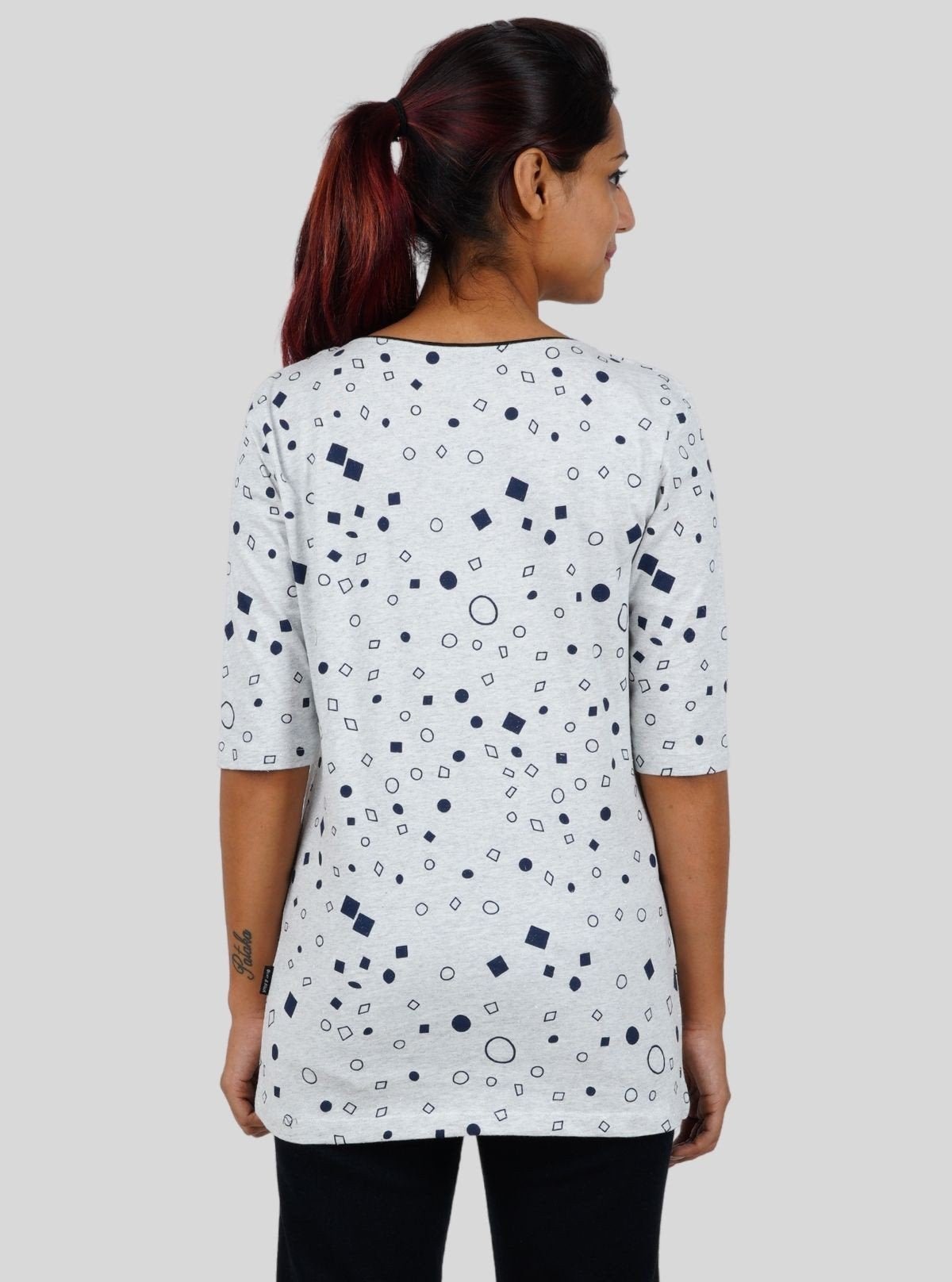 Women's White Graphic Print Long Sleeve Cotton Top with Neck Binding - Boer and Fitch