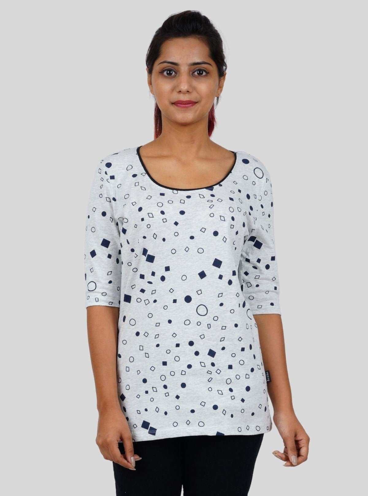 Women's White Graphic Print Long Sleeve Cotton Top with Neck Binding - Boer and Fitch