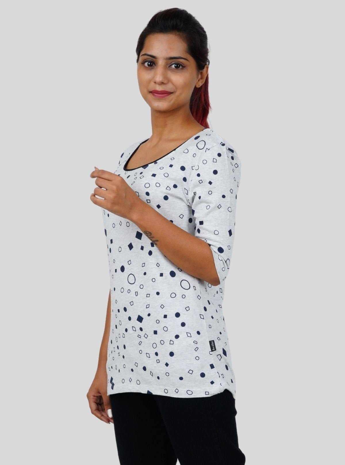Women's White Graphic Print Long Sleeve Cotton Top with Neck Binding - Boer and Fitch