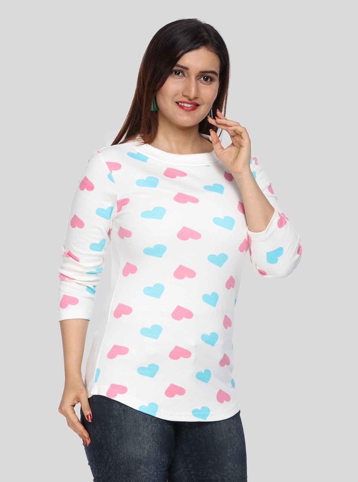 Women's White Heart Print 3/4 Sleeve Cotton Jersey Top | Boer & Fitch - Boer and Fitch