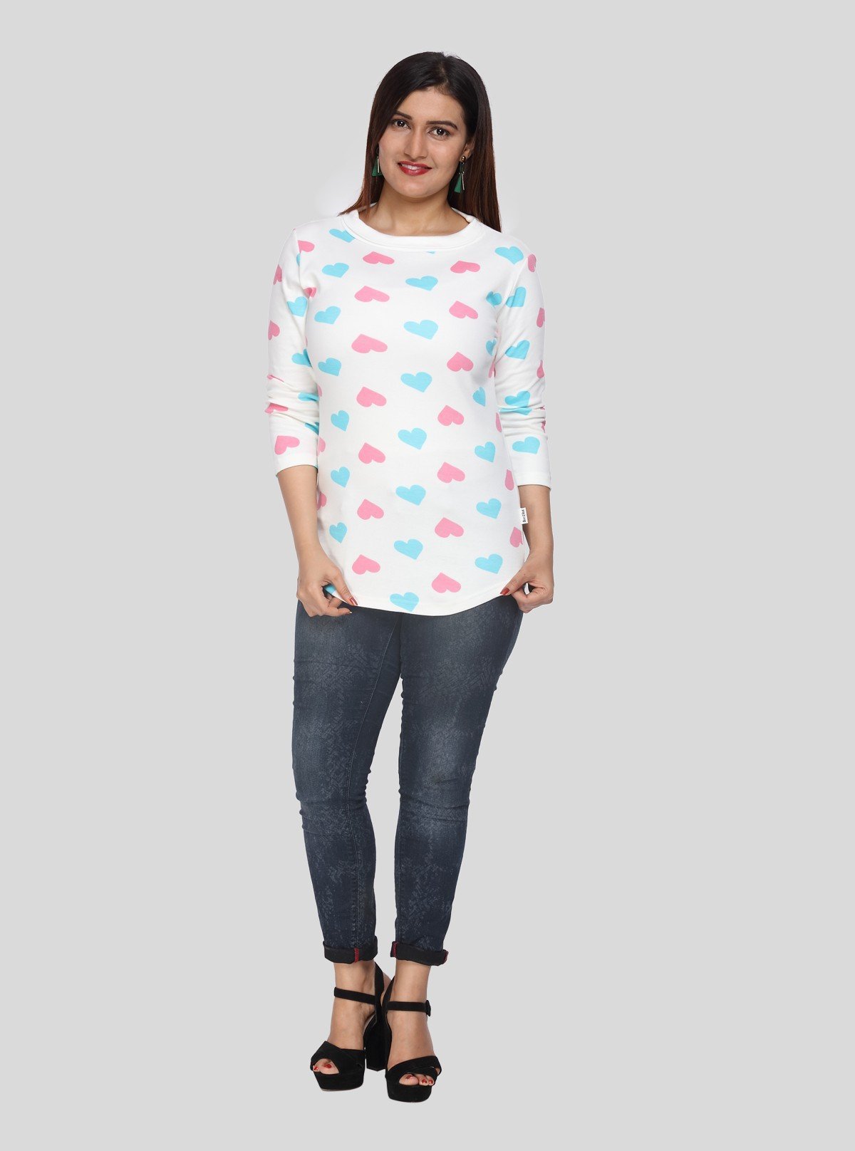 Women's White Heart Print 3/4 Sleeve Cotton Jersey Top | Boer & Fitch - Boer and Fitch