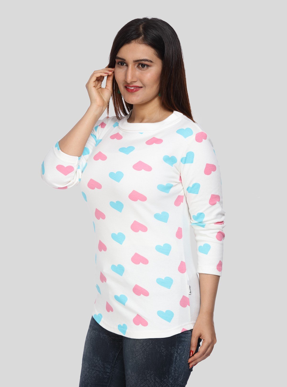 Women's White Heart Print 3/4 Sleeve Cotton Jersey Top | Boer & Fitch - Boer and Fitch