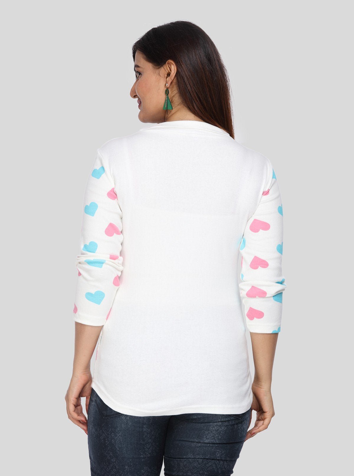 Women's White Heart Print 3/4 Sleeve Cotton Jersey Top | Boer & Fitch - Boer and Fitch