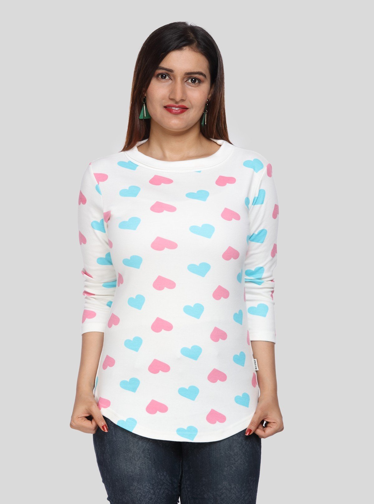 Women's White Heart Print 3/4 Sleeve Cotton Jersey Top | Boer & Fitch - Boer and Fitch