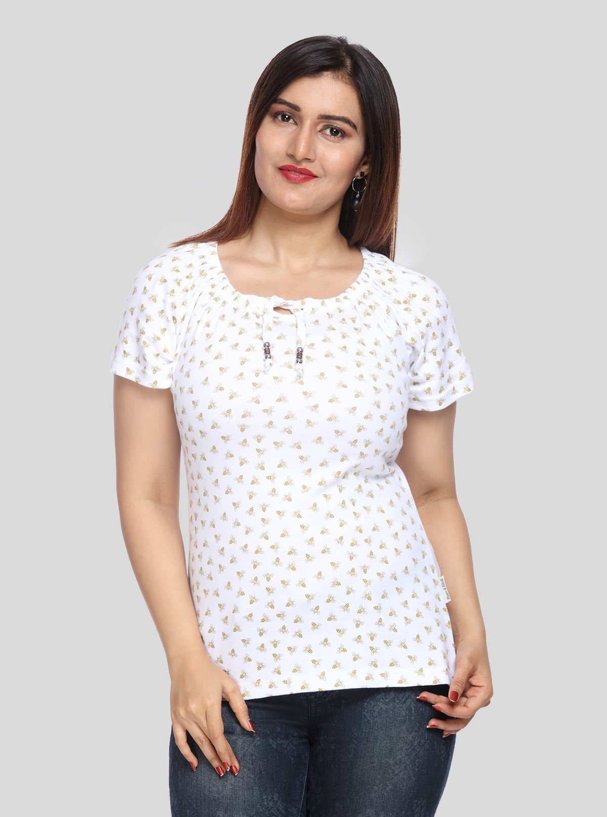 Women’s White Honey Bee Pleated Top – Stylish Casual Wear | Boer & Fitch - Boer and Fitch