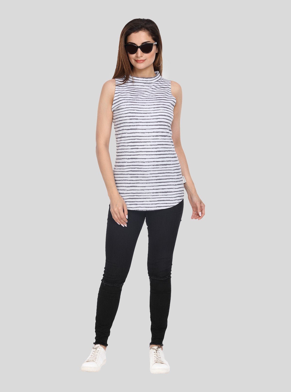 Women’s White Melange Distressed Stripe High Neck Top – Boer and Fitch - Boer and Fitch