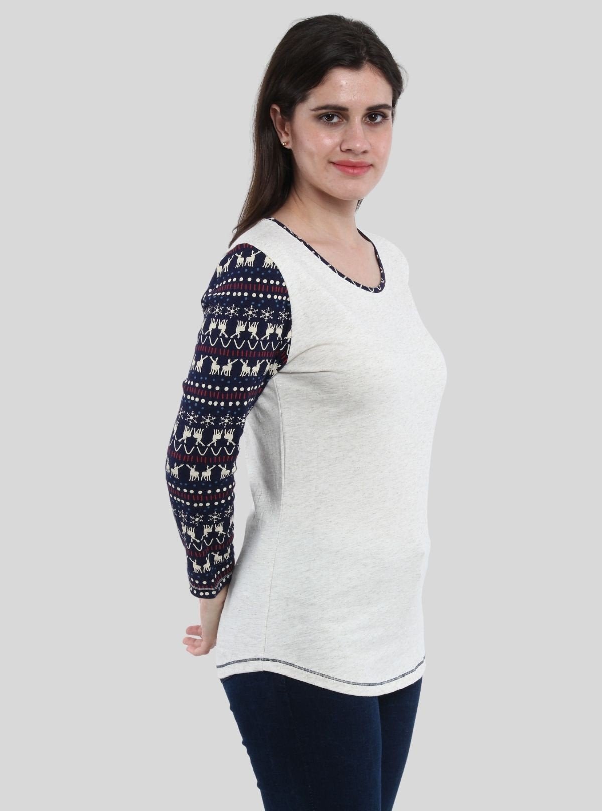 Women’s White Melange Scoop Neck Deer Print Top with Long Sleeves – Cotton Rib Knit - Boer and Fitch