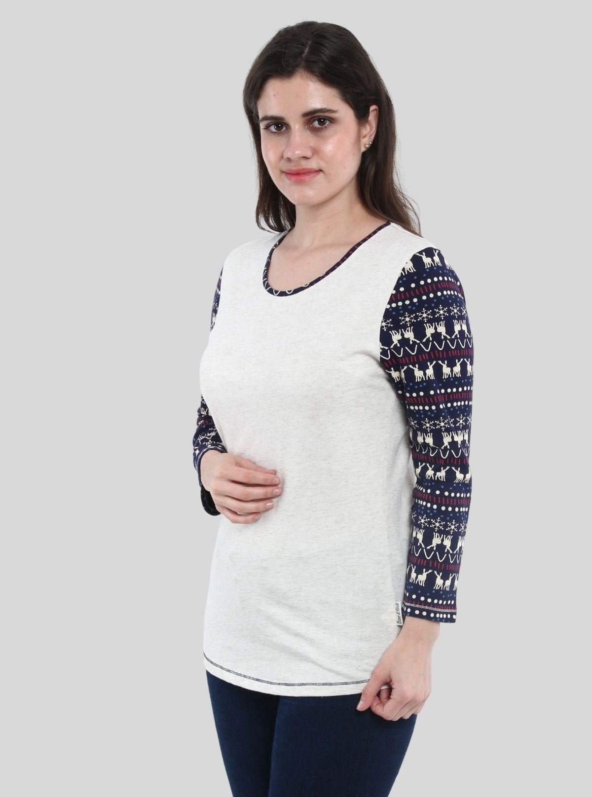 Women’s White Melange Scoop Neck Deer Print Top with Long Sleeves – Cotton Rib Knit - Boer and Fitch