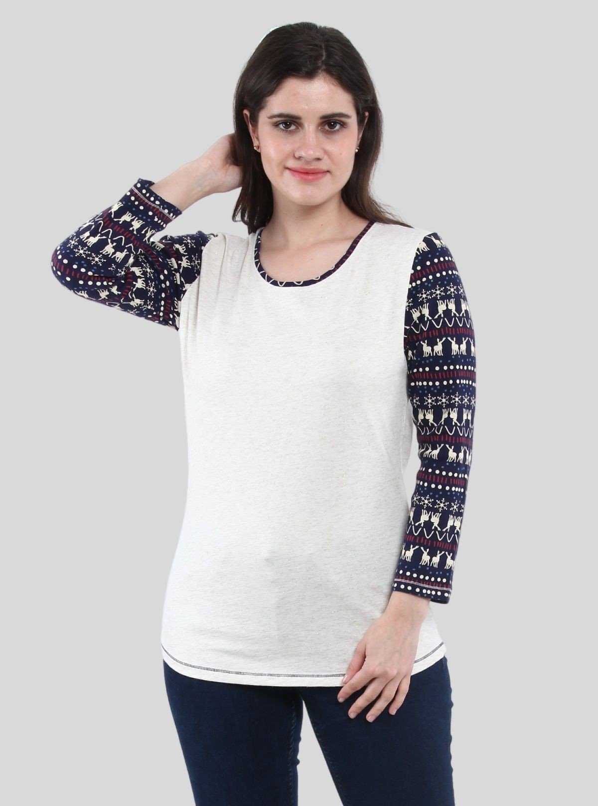 Women’s White Melange Scoop Neck Deer Print Top with Long Sleeves – Cotton Rib Knit - Boer and Fitch