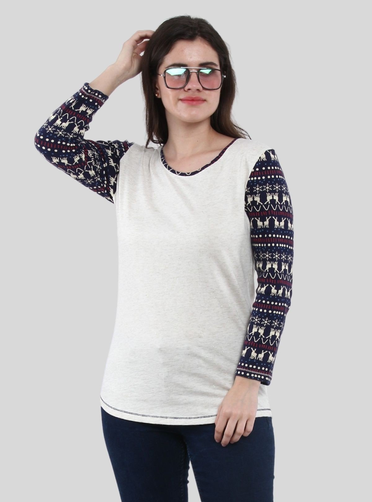 Women’s White Melange Scoop Neck Deer Print Top with Long Sleeves – Cotton Rib Knit - Boer and Fitch