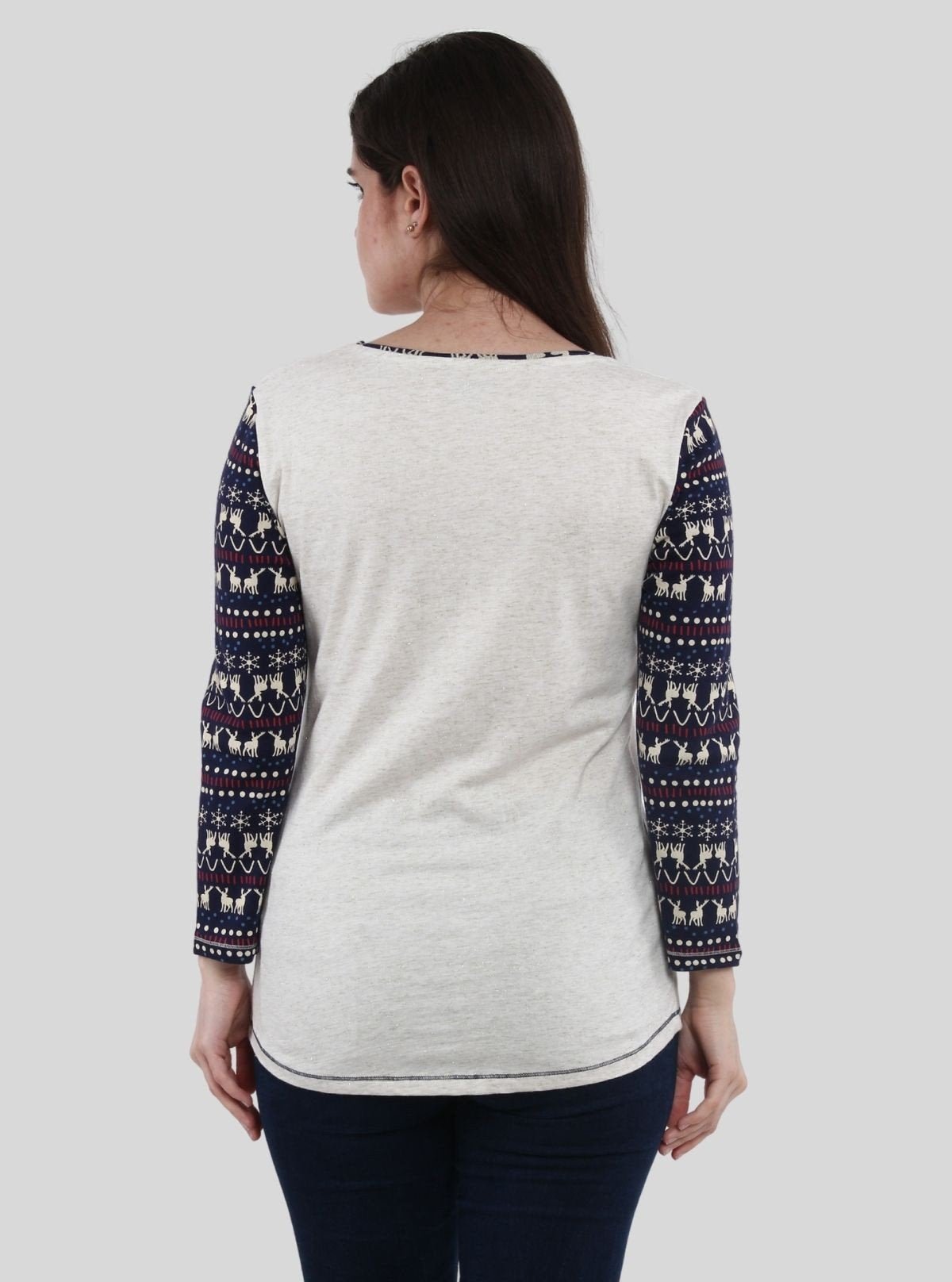 Women’s White Melange Scoop Neck Deer Print Top with Long Sleeves – Cotton Rib Knit - Boer and Fitch