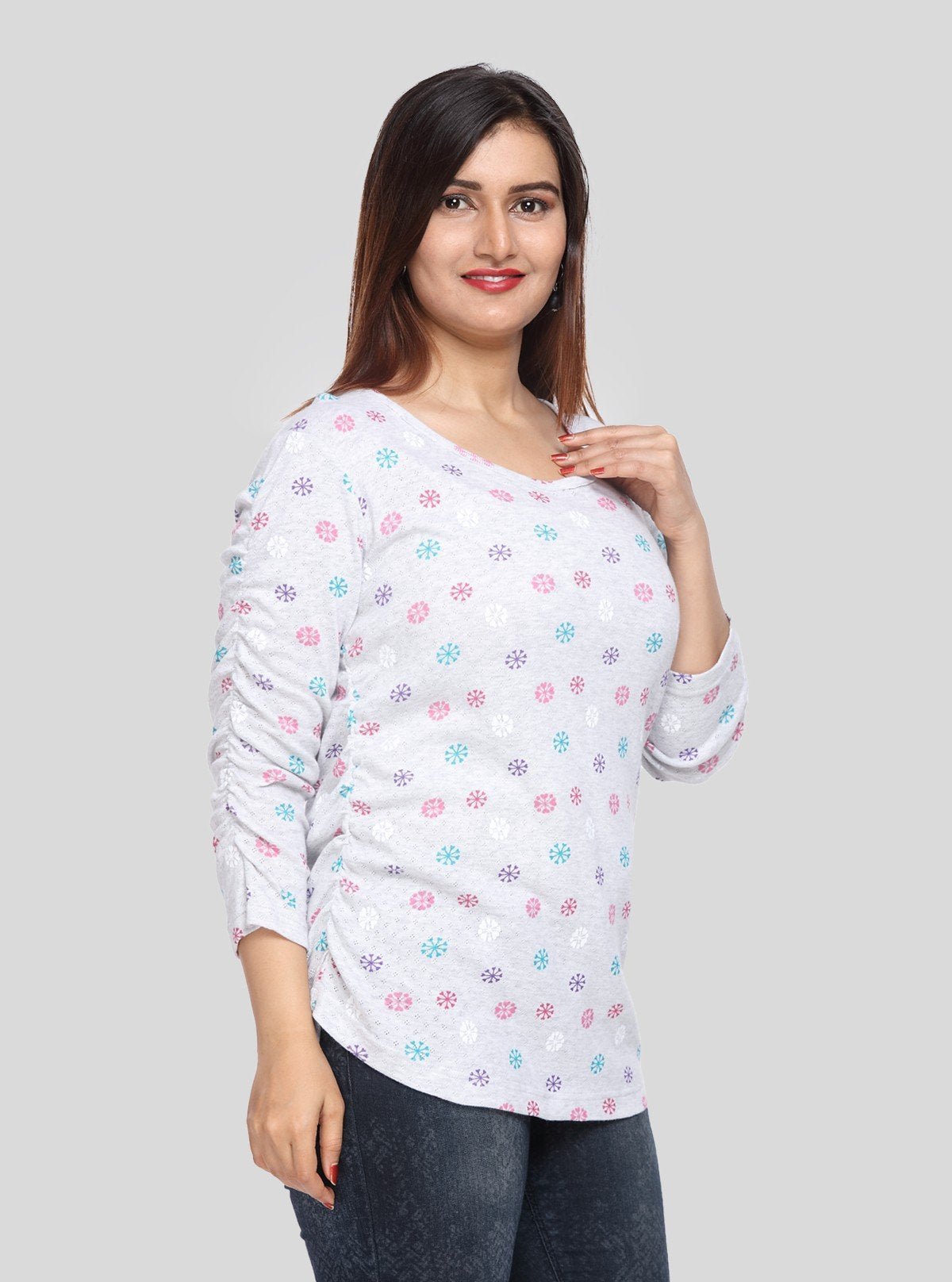 Women's White Melange Scoop Neck Printed Rib Knit Top with Pleated Sleeves - Boer and Fitch
