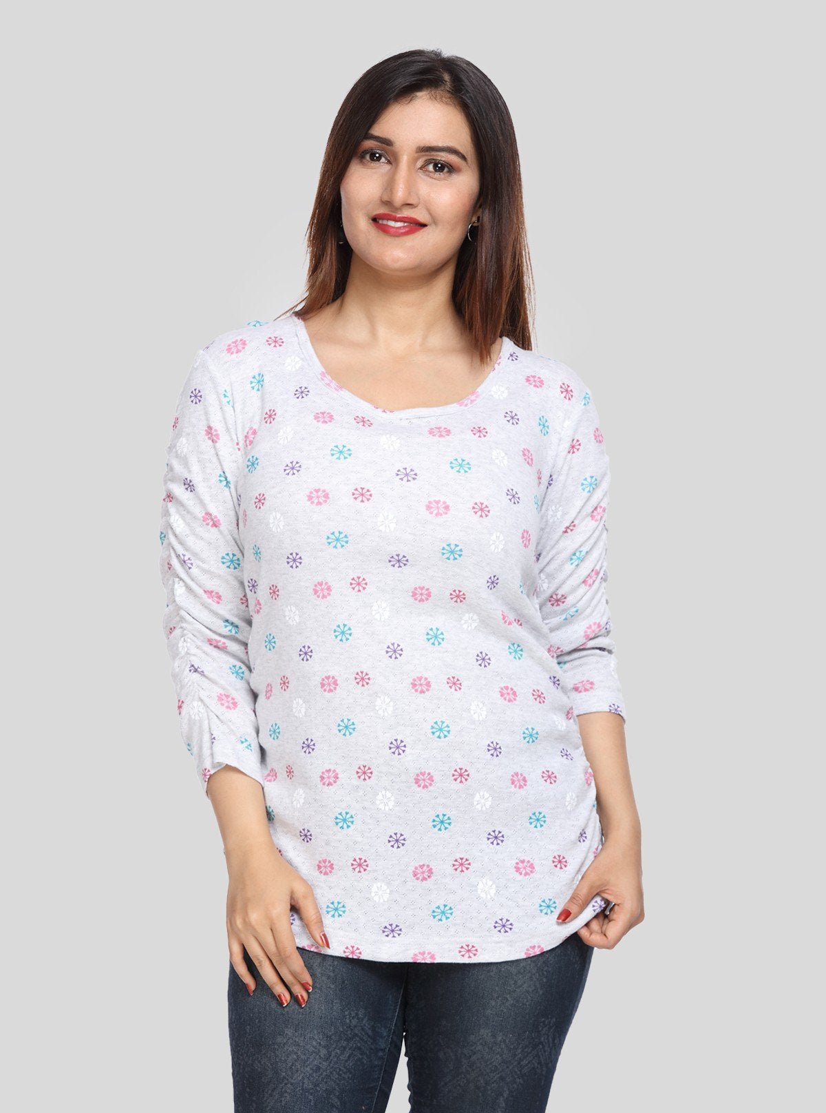 Women's White Melange Scoop Neck Printed Rib Knit Top with Pleated Sleeves - Boer and Fitch