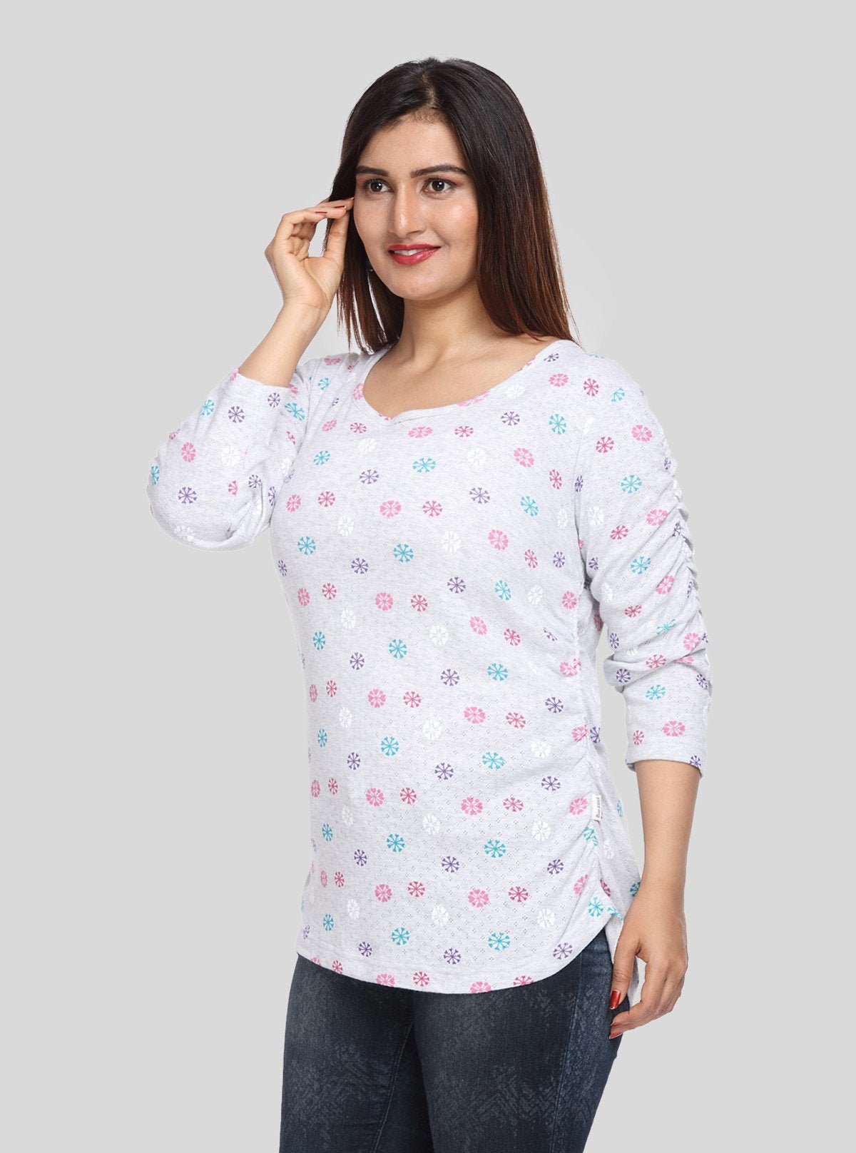 Women's White Melange Scoop Neck Printed Rib Knit Top with Pleated Sleeves - Boer and Fitch