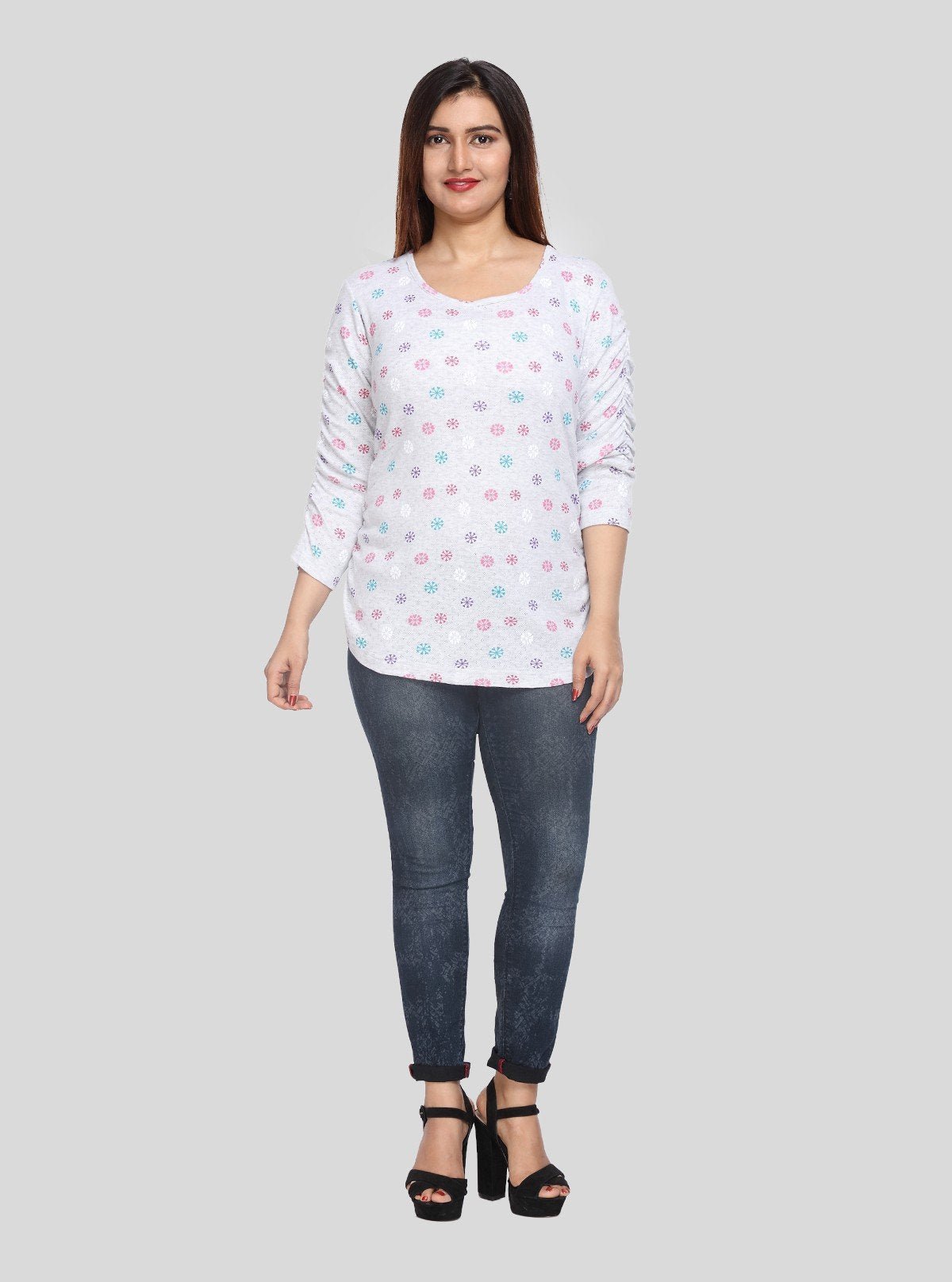 Women's White Melange Scoop Neck Printed Rib Knit Top with Pleated Sleeves - Boer and Fitch