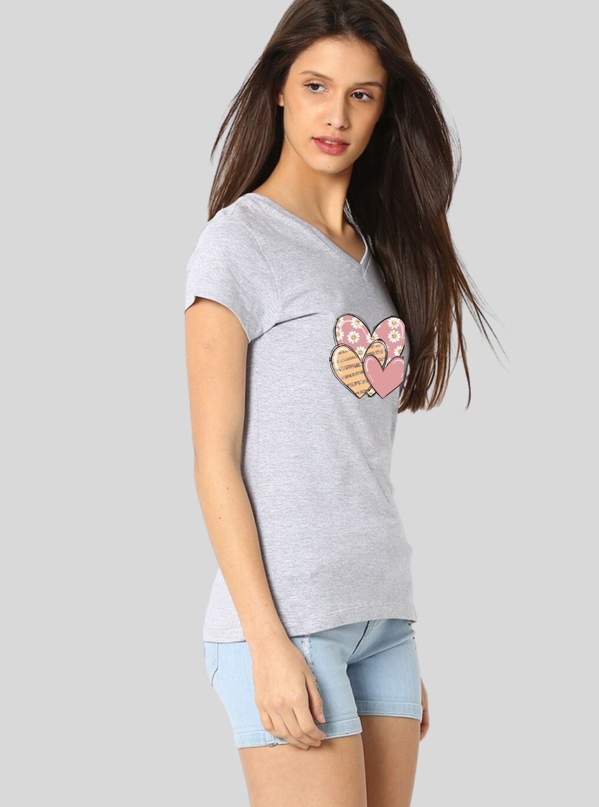 Women’s White Melange V - Neck Multi - Heart Printed Short Sleeve Cotton Jersey T-Shirt by Boer and Fitch - Boer and Fitch