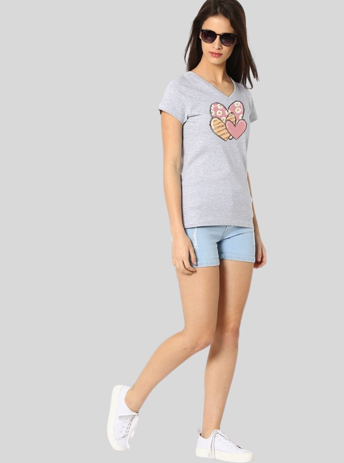 Women’s White Melange V - Neck Multi - Heart Printed Short Sleeve Cotton Jersey T-Shirt by Boer and Fitch - Boer and Fitch