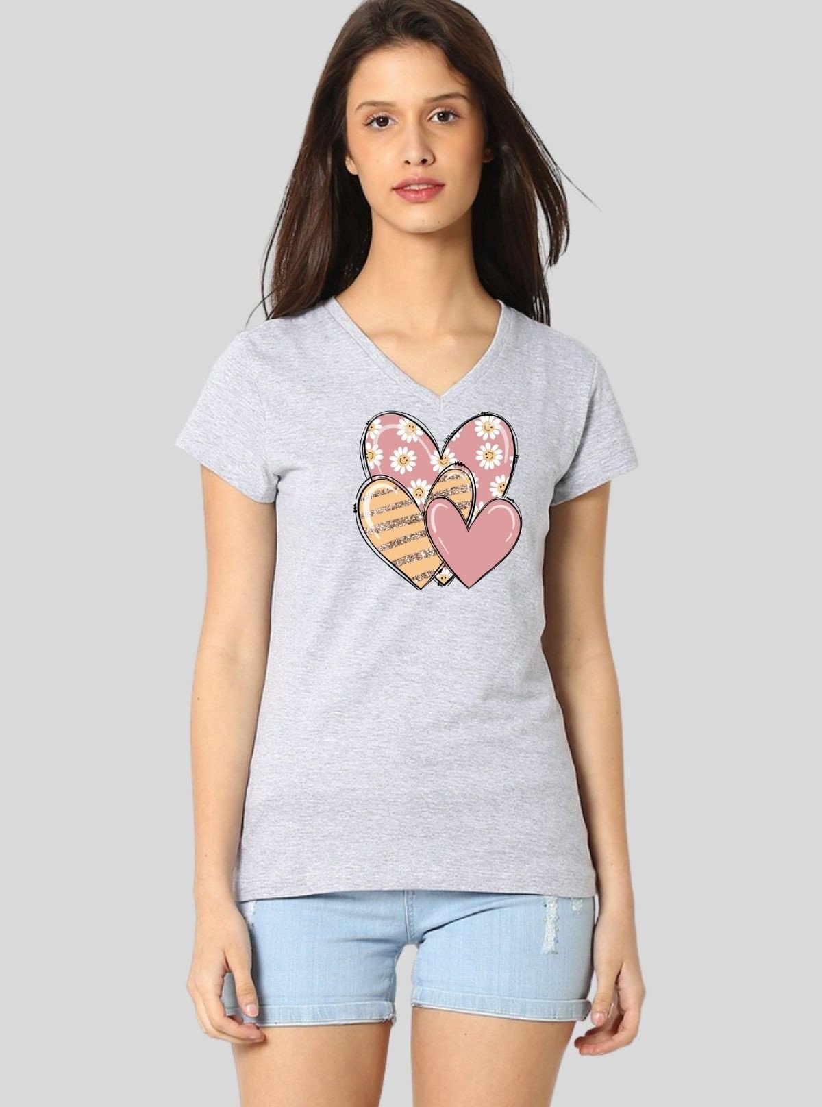 Women’s White Melange V - Neck Multi - Heart Printed Short Sleeve Cotton Jersey T-Shirt by Boer and Fitch - Boer and Fitch