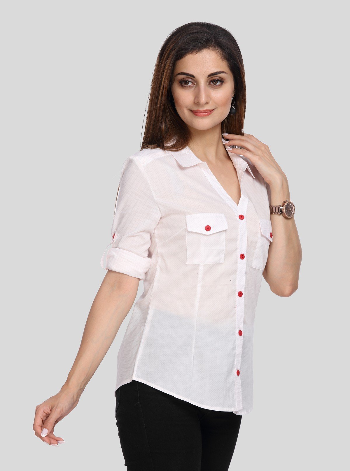 Women’s White Polka Dot Long Sleeve Shirt with Red Buttons – Boer & Fitch - Boer and Fitch