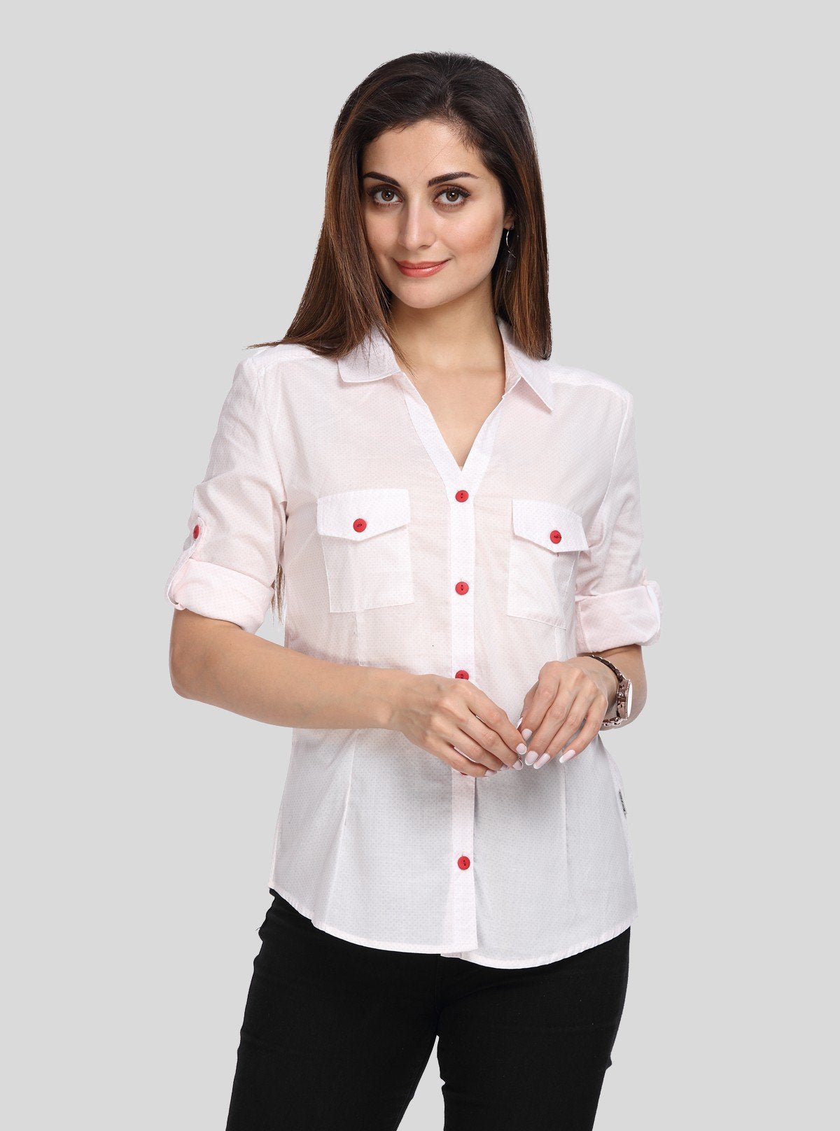 Women’s White Polka Dot Long Sleeve Shirt with Red Buttons – Boer & Fitch - Boer and Fitch