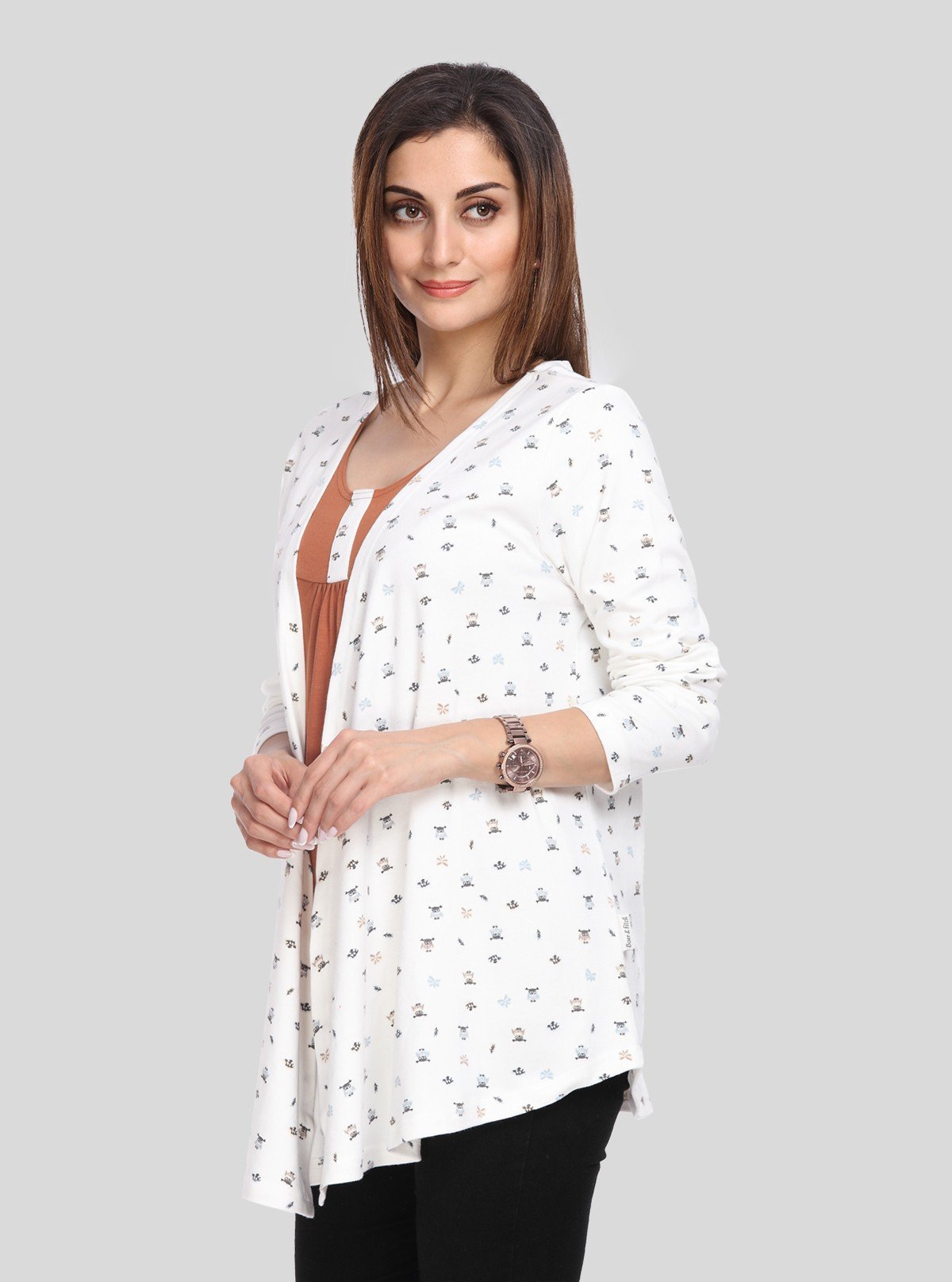 Women's White Printed Shrug with Chestnut Inner Top in 100% Cotton - Boer and Fitch
