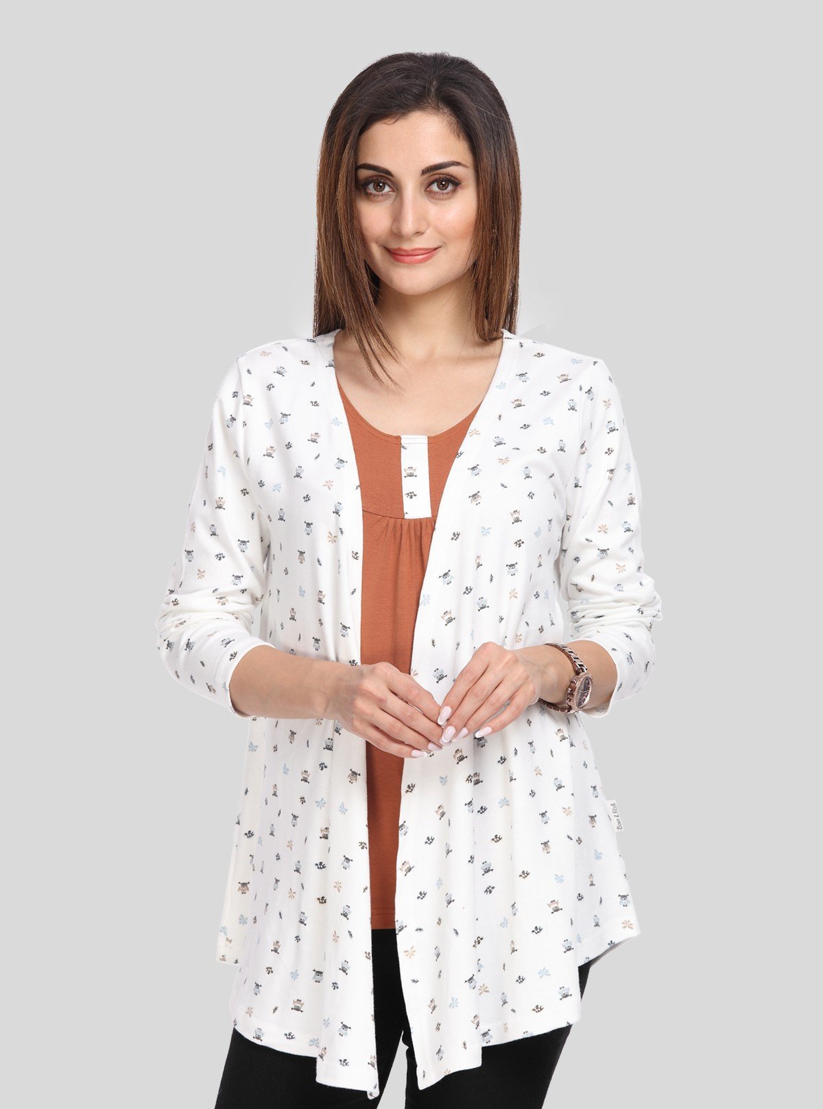 Women's White Printed Shrug with Chestnut Inner Top in 100% Cotton - Boer and Fitch