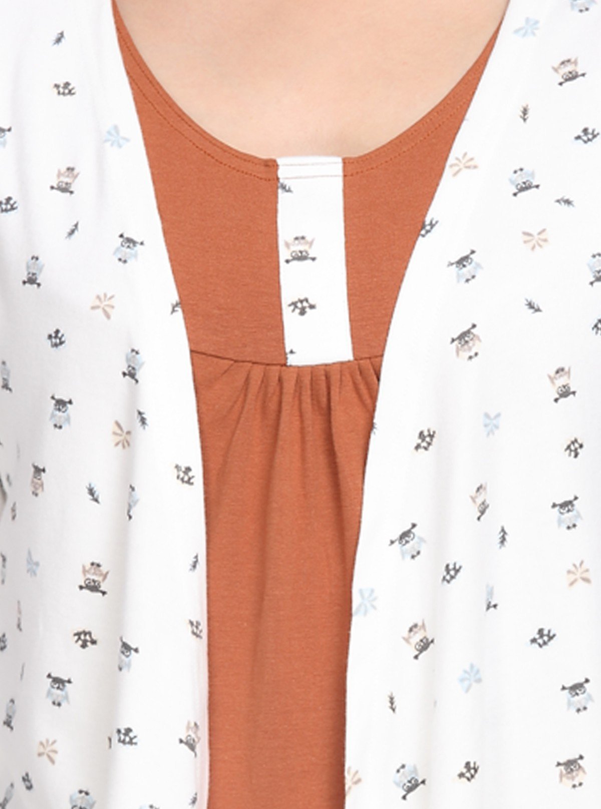 Women's White Printed Shrug with Chestnut Inner Top in 100% Cotton - Boer and Fitch