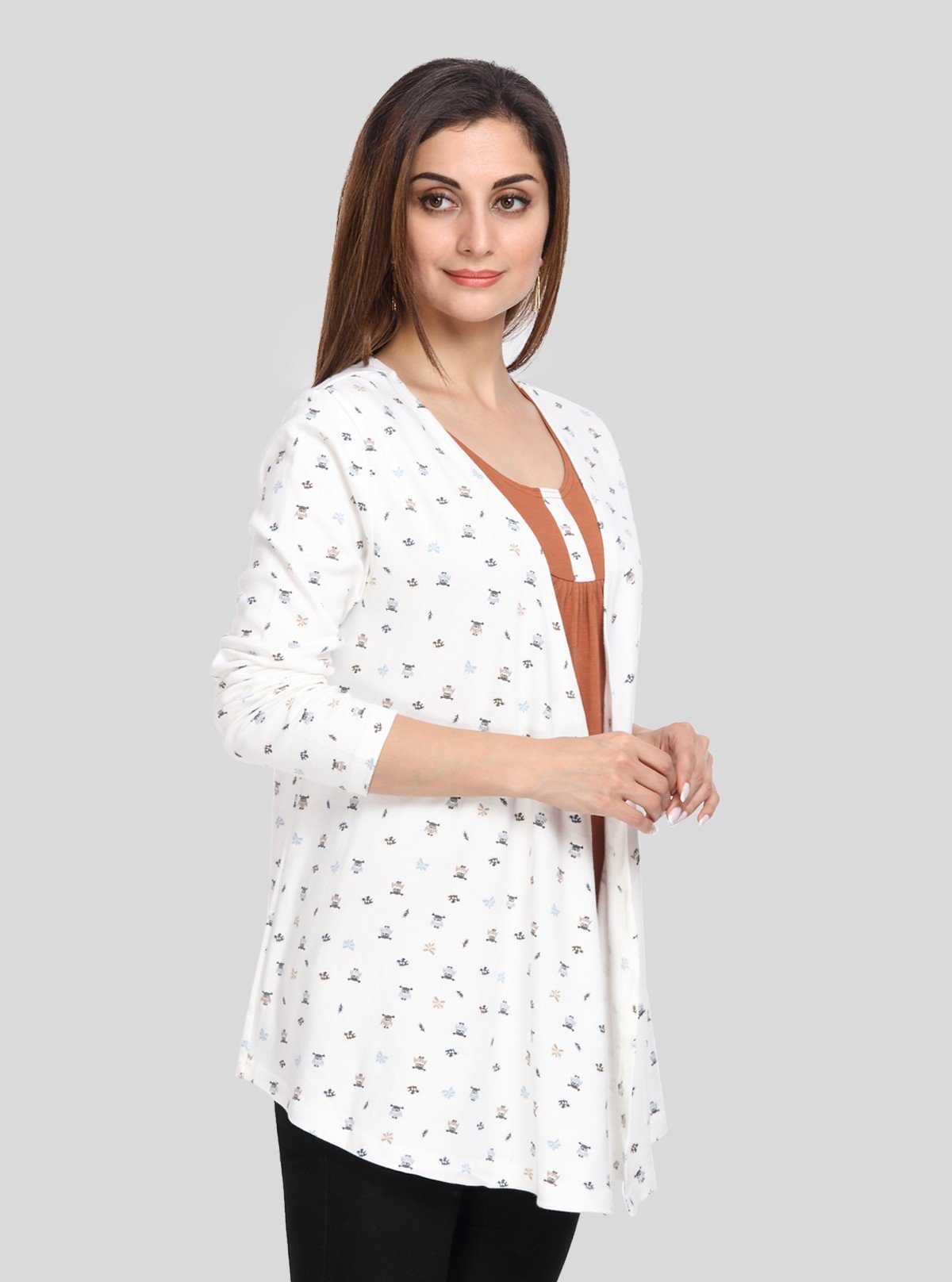 Women's White Printed Shrug with Chestnut Inner Top in 100% Cotton - Boer and Fitch