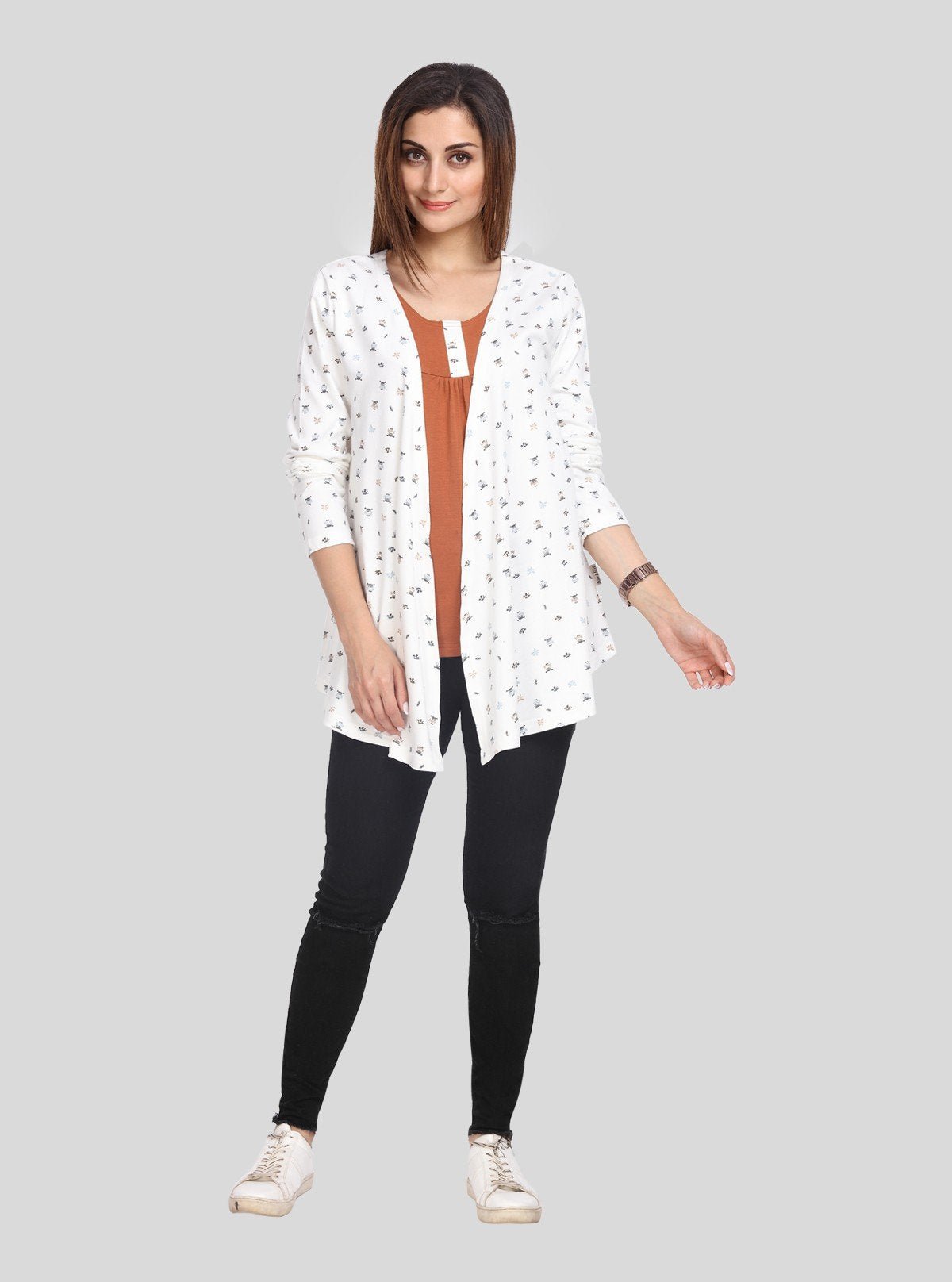 Women's White Printed Shrug with Chestnut Inner Top in 100% Cotton - Boer and Fitch