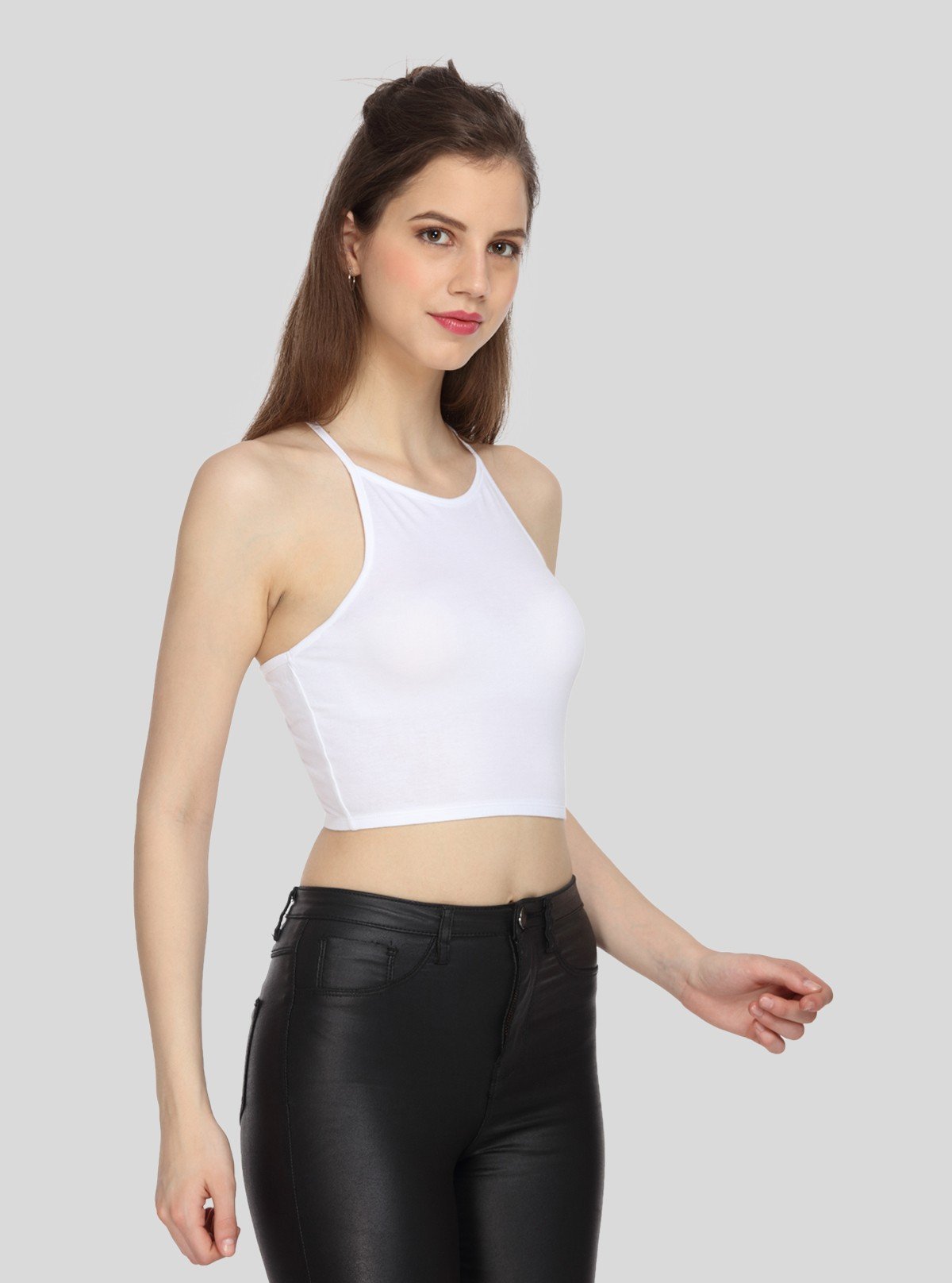 Women's White Racer Neck Cotton Jersey Crop Top - Boer and Fitch