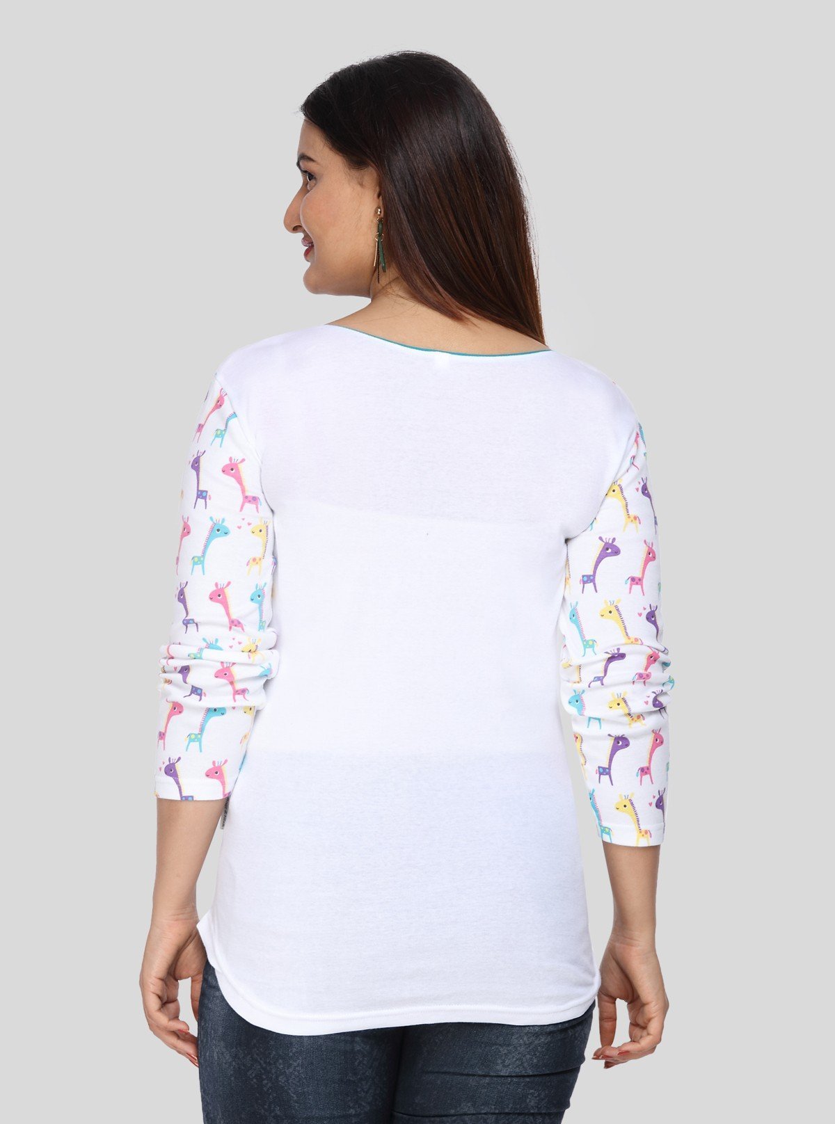 Women's White Scoop Neck Camel Print Long Sleeve Cotton Jersey Top - Boer and Fitch