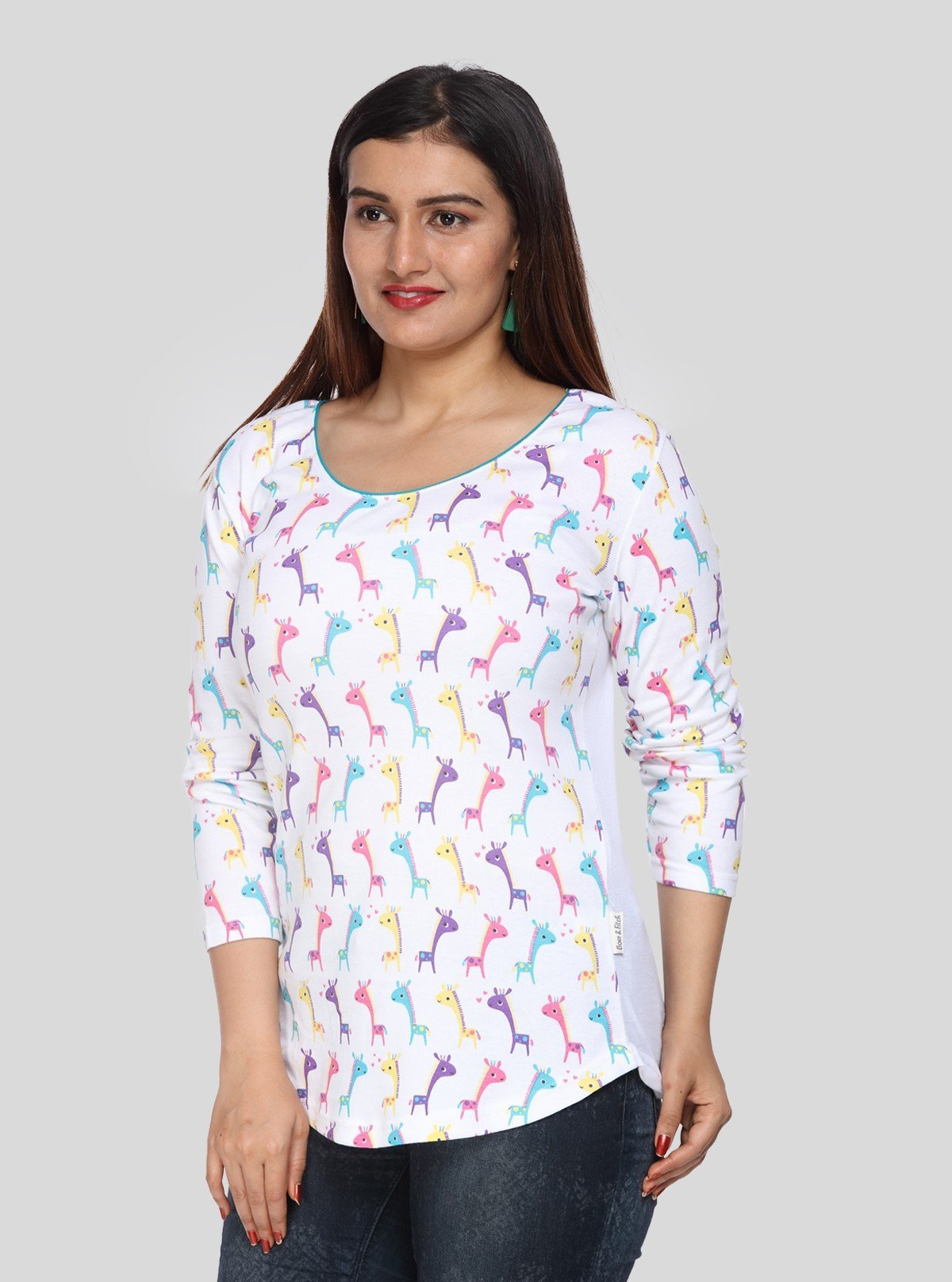 Women's White Scoop Neck Camel Print Long Sleeve Cotton Jersey Top - Boer and Fitch