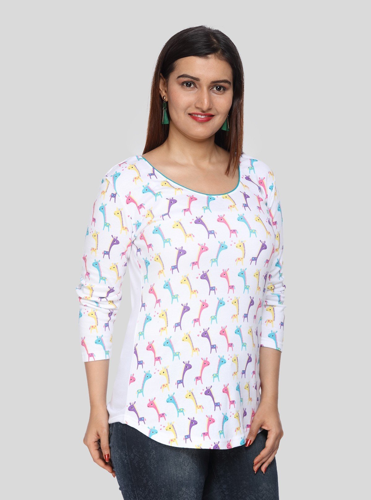 Women's White Scoop Neck Camel Print Long Sleeve Cotton Jersey Top - Boer and Fitch