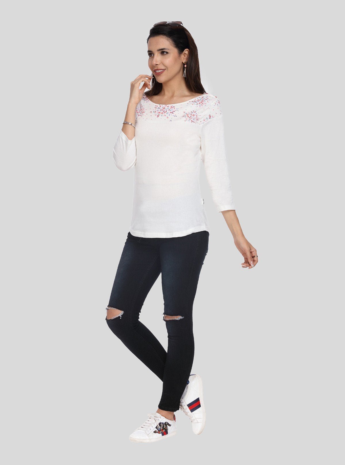 Women's White Scoop Neck Floral Print Panel Top – Cotton Jersey Knit - Boer and Fitch