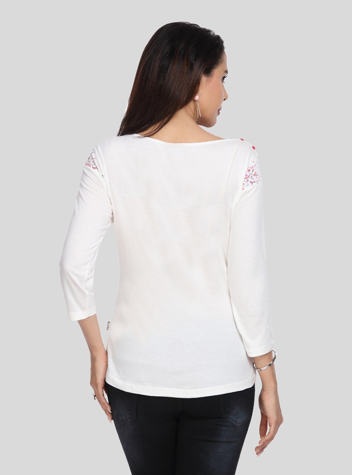 Women's White Scoop Neck Floral Print Panel Top – Cotton Jersey Knit - Boer and Fitch