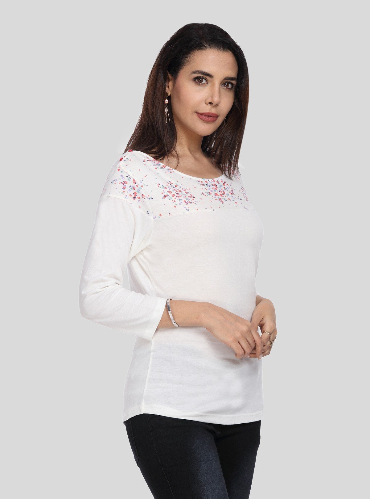 Women's White Scoop Neck Floral Print Panel Top – Cotton Jersey Knit - Boer and Fitch