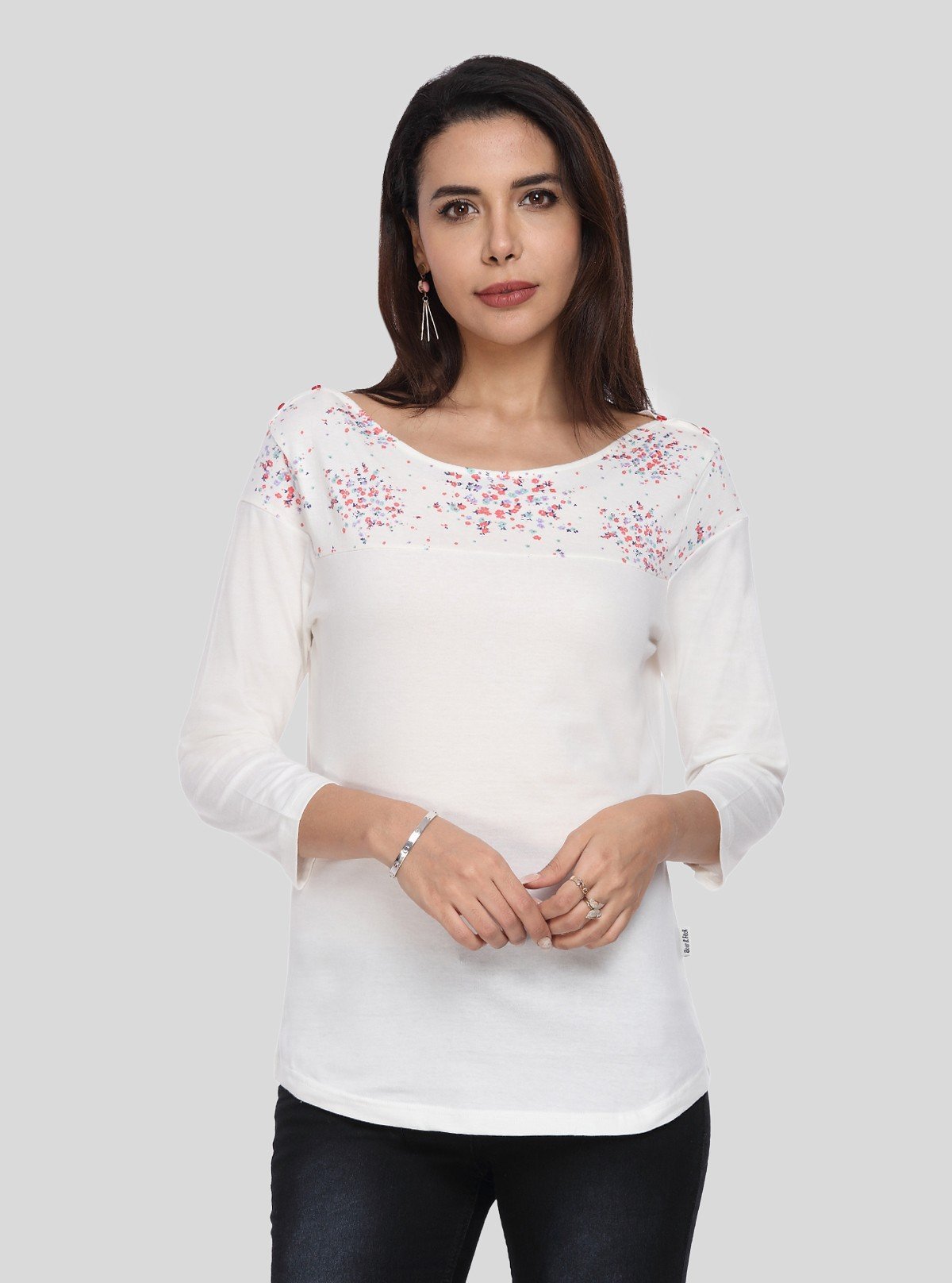 Women's White Scoop Neck Floral Print Panel Top – Cotton Jersey Knit - Boer and Fitch