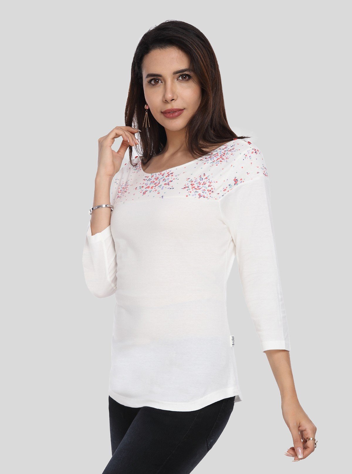 Women's White Scoop Neck Floral Print Panel Top – Cotton Jersey Knit - Boer and Fitch