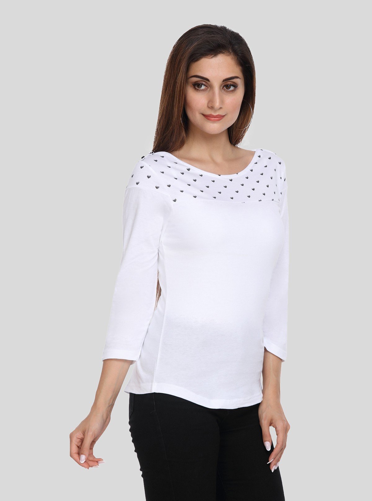 Women's White Scoop Neck Heart Print Panel Top – Cotton Jersey Knit - Boer and Fitch