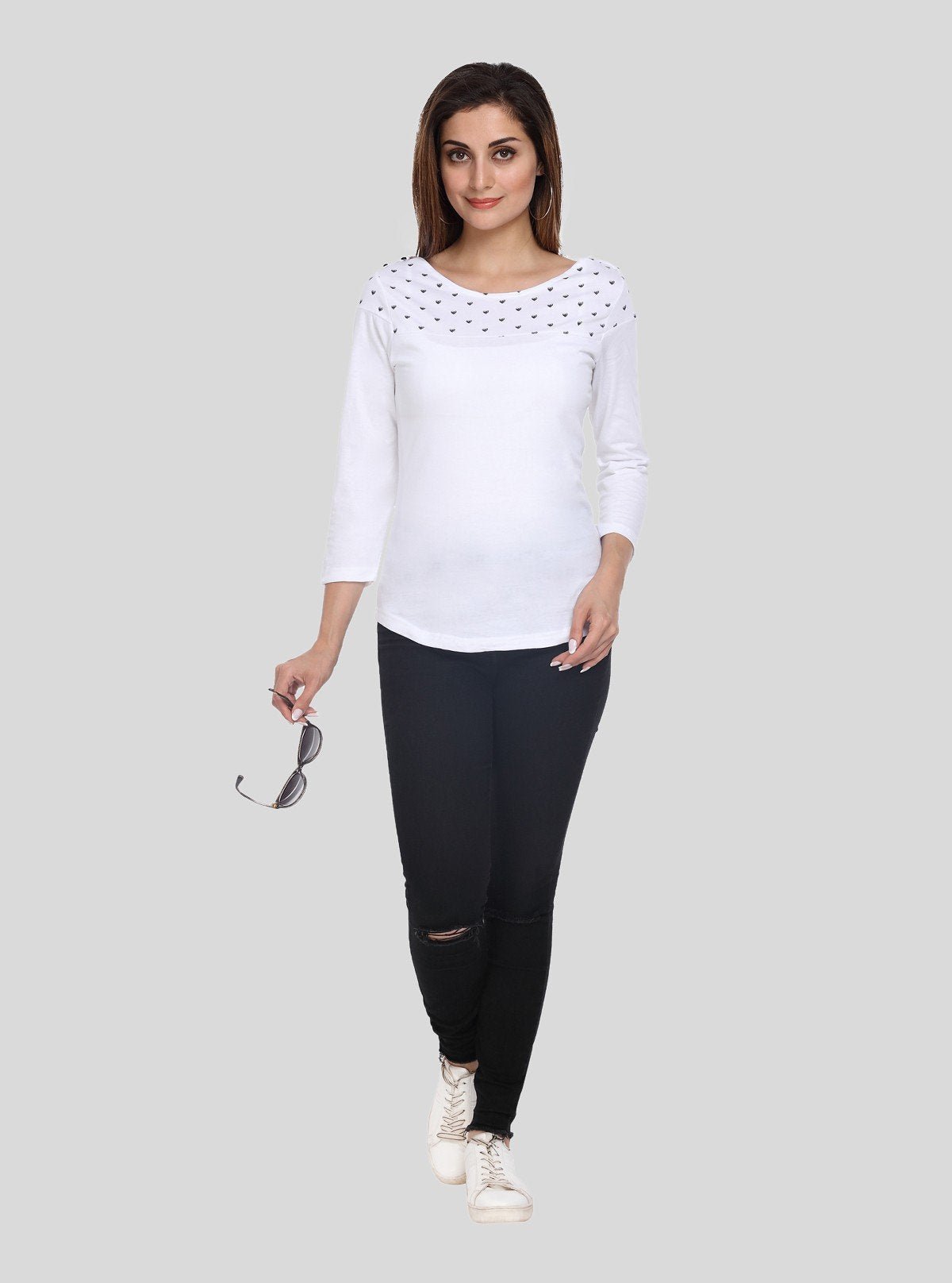 Women's White Scoop Neck Heart Print Panel Top – Cotton Jersey Knit - Boer and Fitch