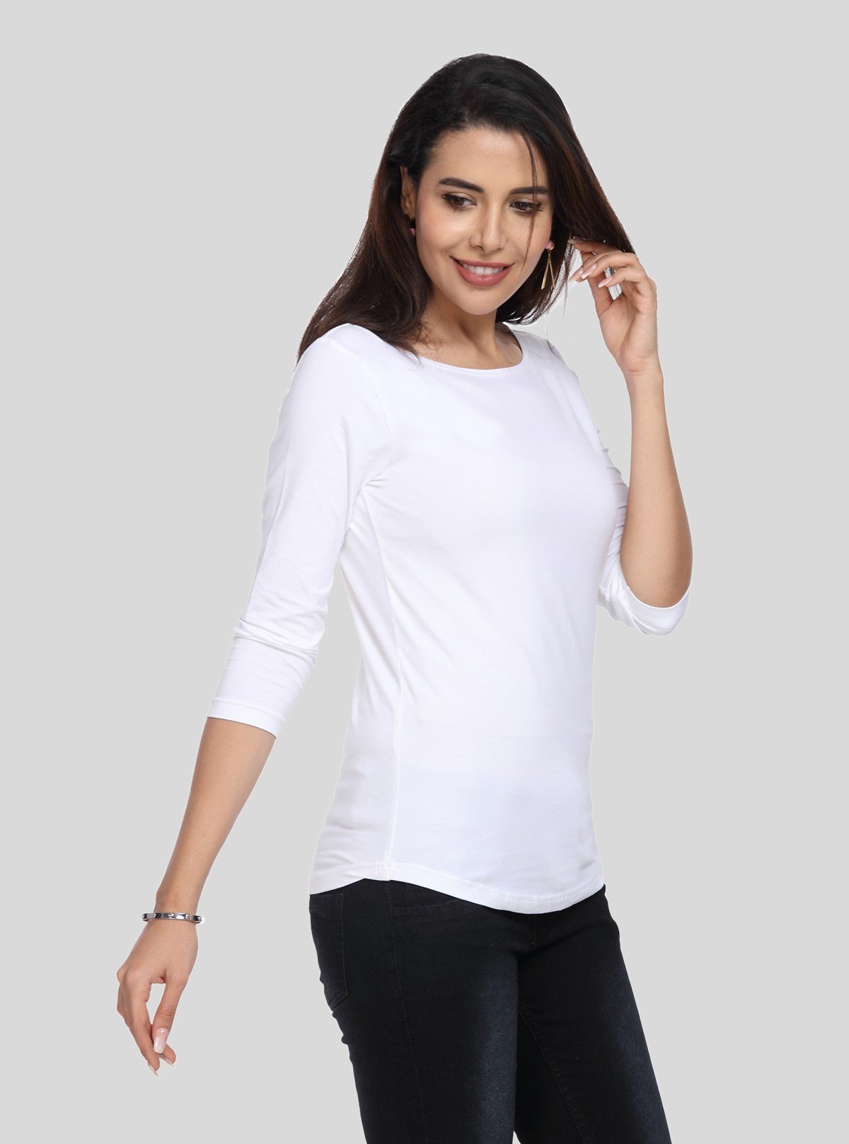 Women's White Scoop Neck Long Sleeve Cotton Jersey Knit Top - Boer and Fitch
