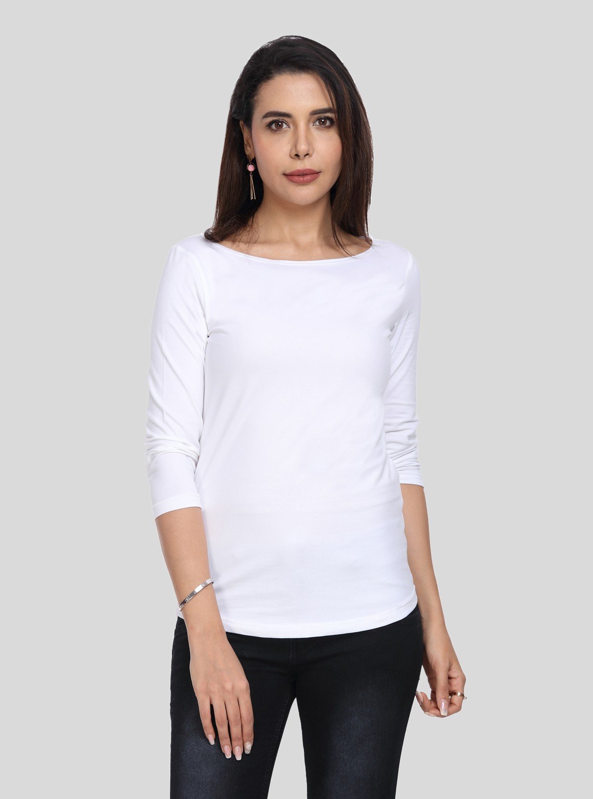 Women's White Scoop Neck Long Sleeve Cotton Jersey Knit Top - Boer and Fitch