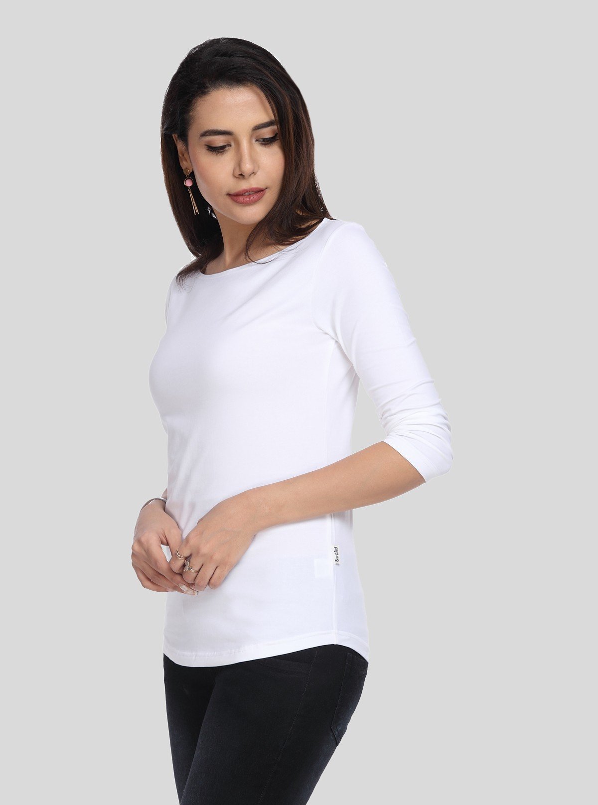 Women's White Scoop Neck Long Sleeve Cotton Jersey Knit Top - Boer and Fitch
