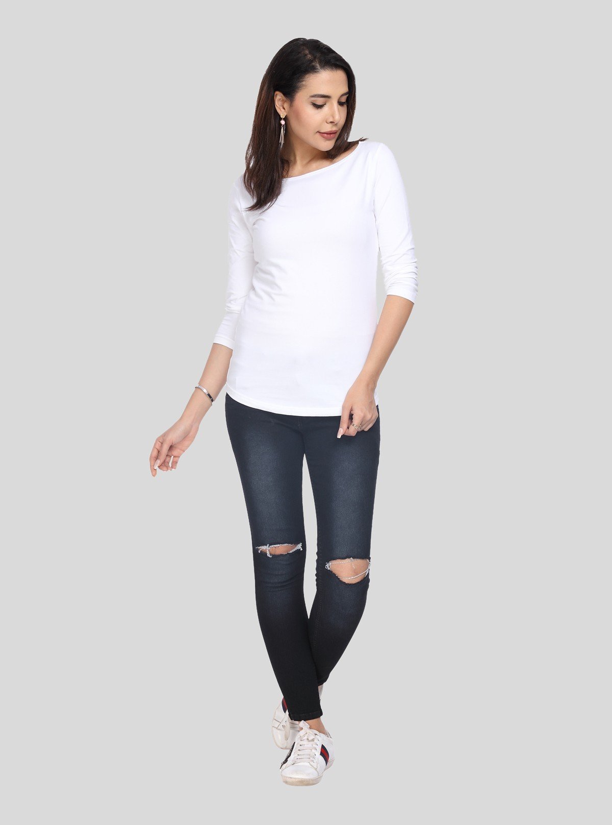 Women's White Scoop Neck Long Sleeve Cotton Jersey Knit Top - Boer and Fitch