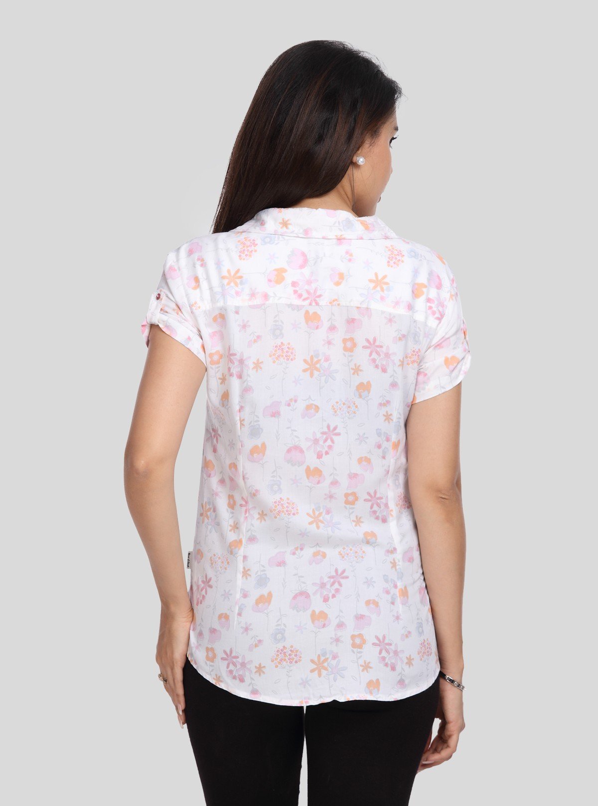 Women’s White Shirt with Orange Floral Print – Short Sleeve Style - Boer and Fitch