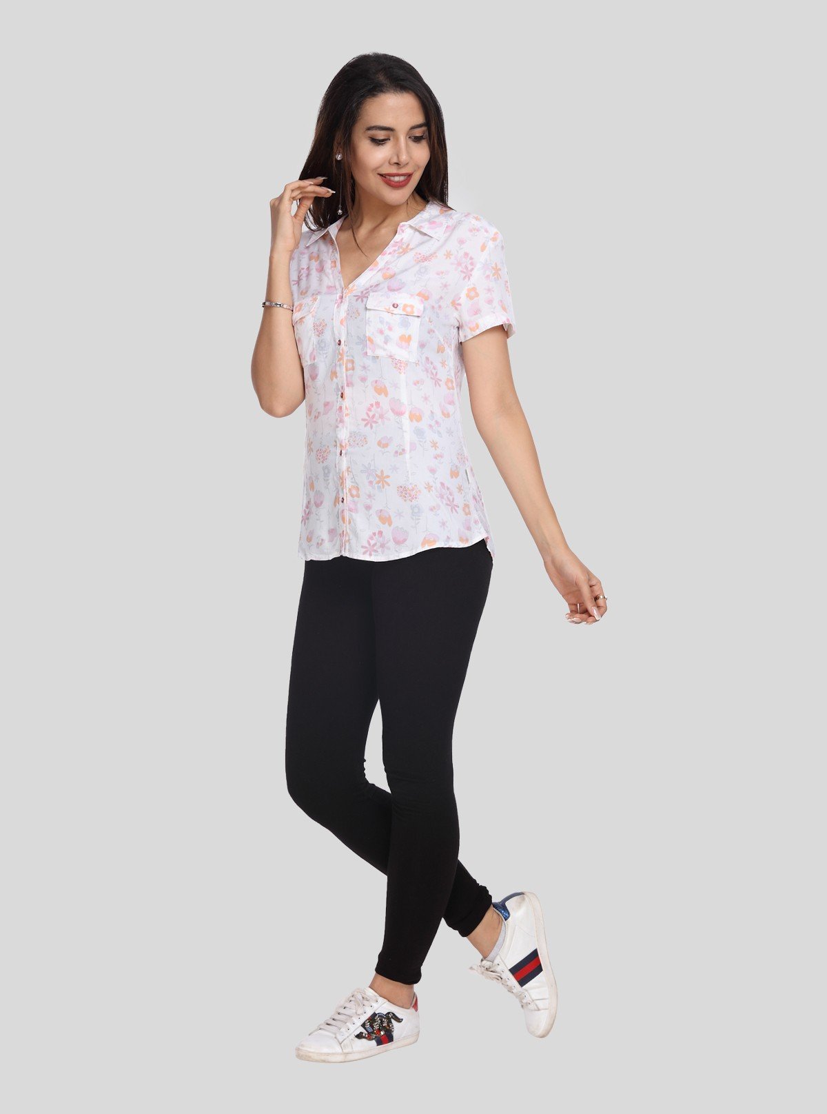 Women’s White Shirt with Orange Floral Print – Short Sleeve Style - Boer and Fitch