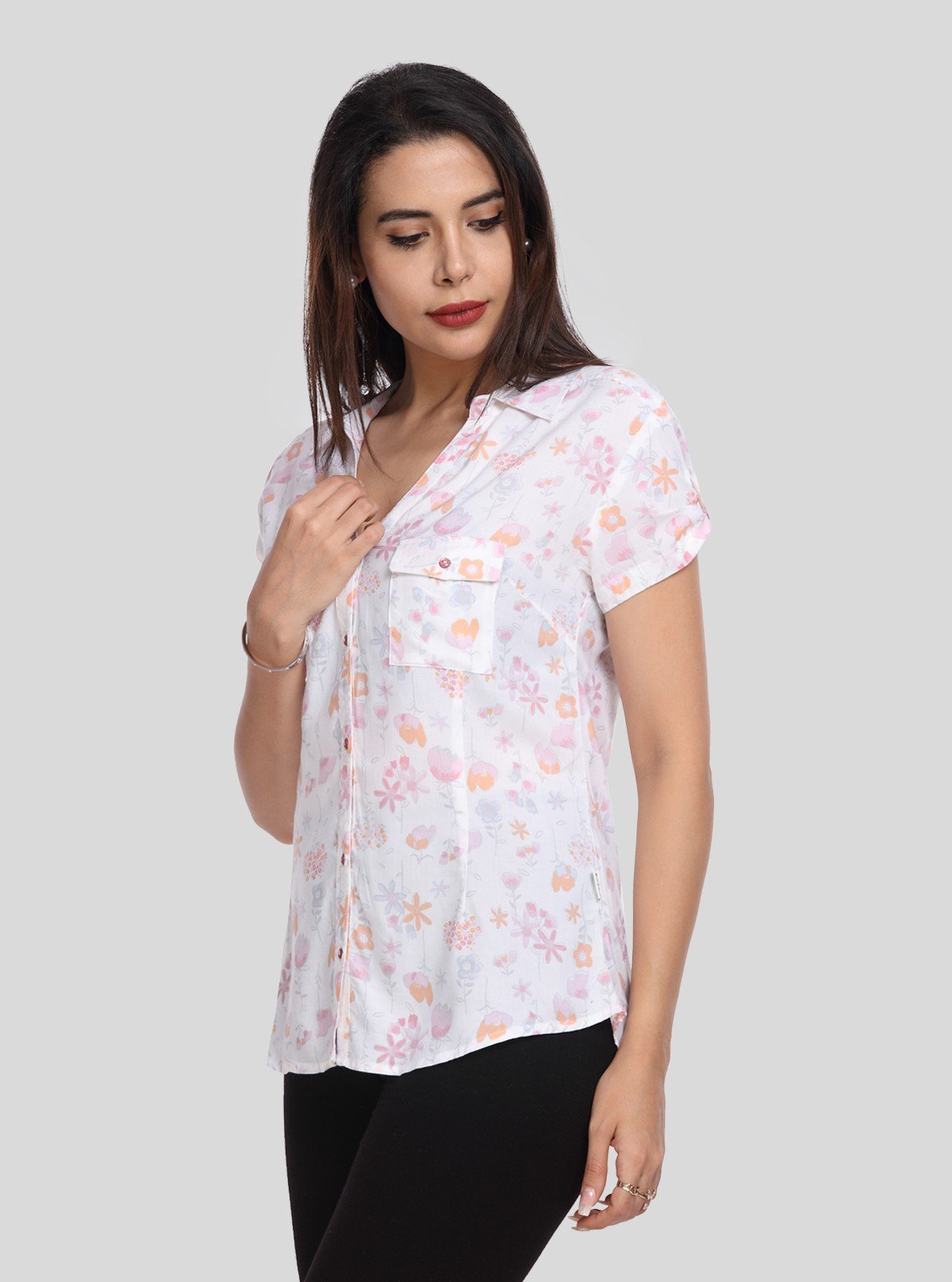Women’s White Shirt with Orange Floral Print – Short Sleeve Style - Boer and Fitch